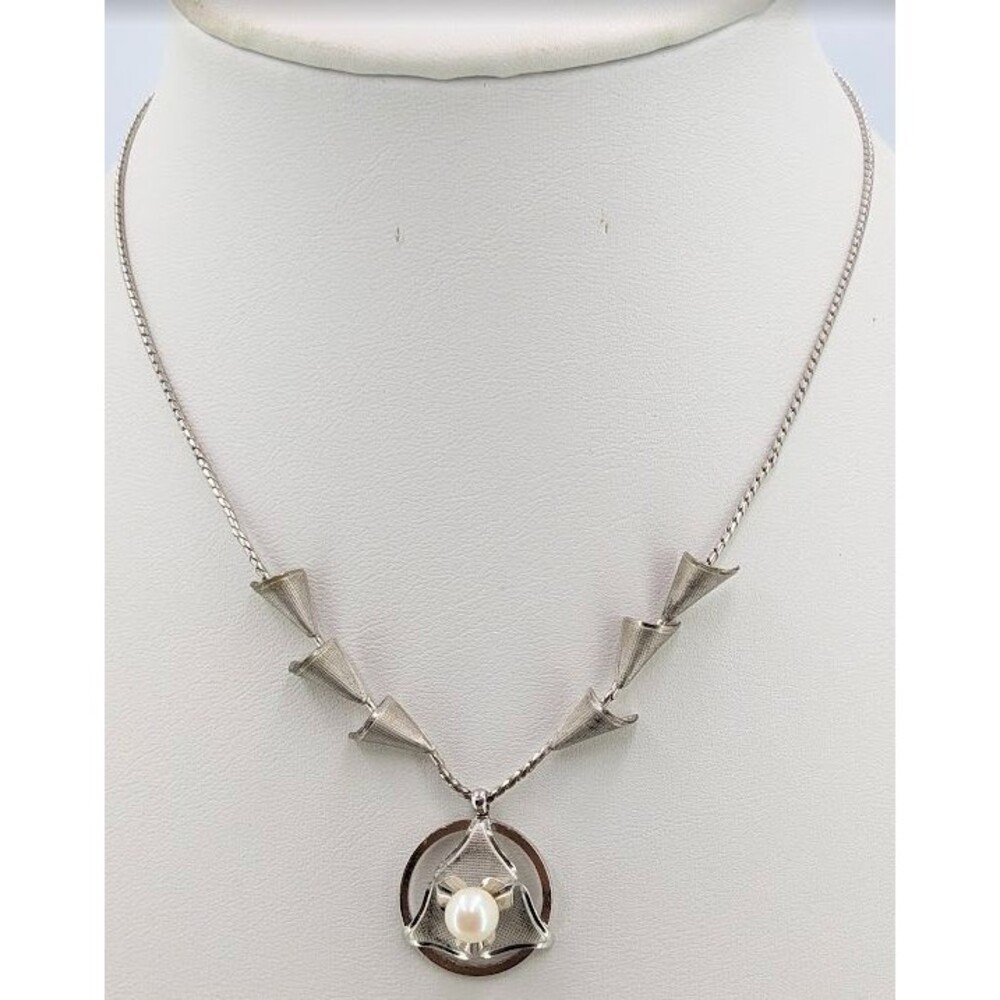 Vintage DCE Sterling Pendant Faux Pearl Modernist Necklace 15 Inch Mid Century